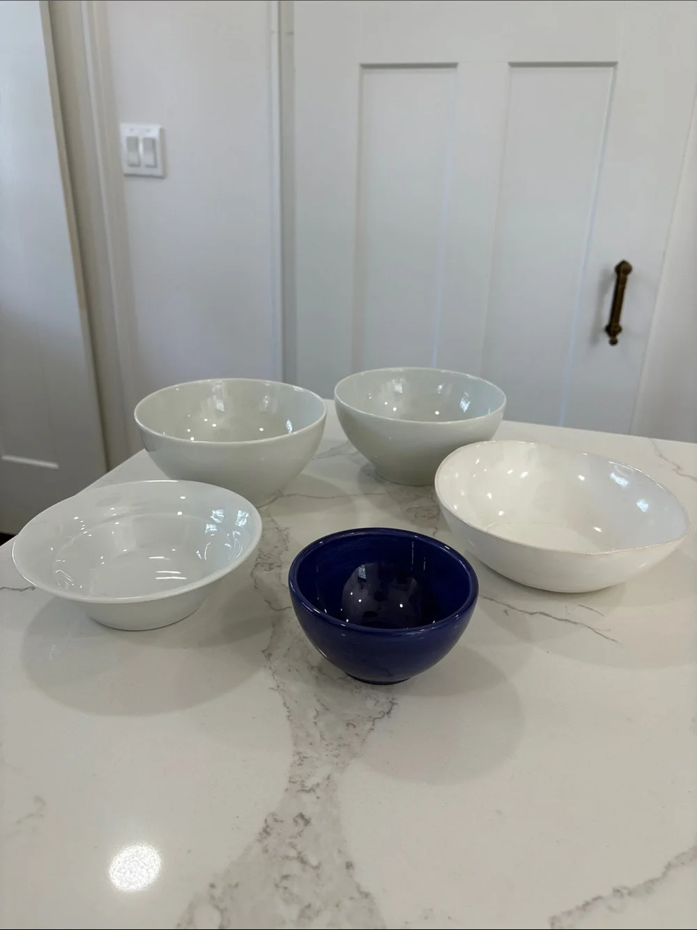 Assorted White Ceramic Bowls with Blue Accent Bowl - Lot of 5